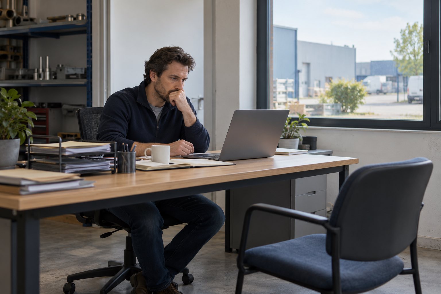 Un responsable d'entreprise réfléchit devant son ordinateur dans un bureau d'atelier, avec une chaise visiteur vide au premier plan.